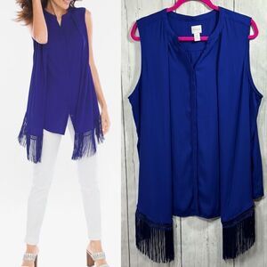 Chicos Womens Cobalt Royal Blue Boho Sleeveless Button Front Fringe Trim Top